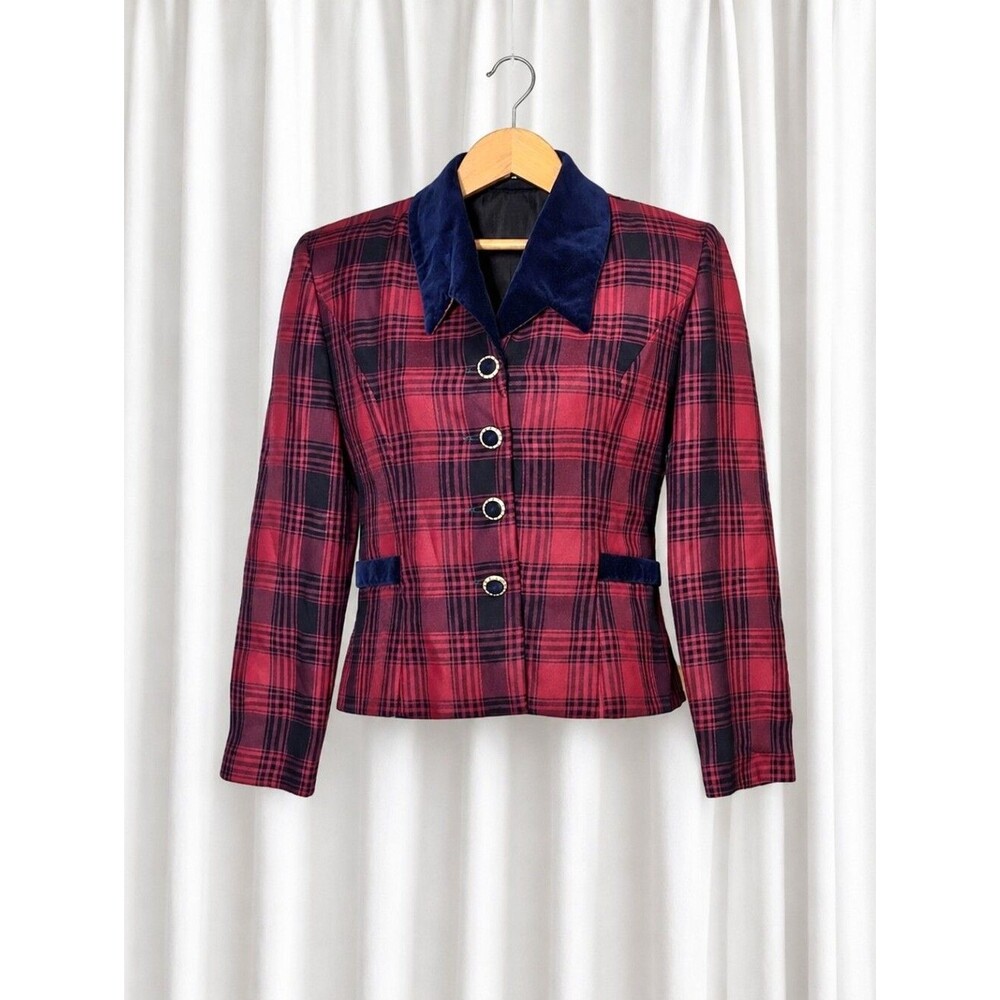 Vintage Jessica Howard Navy Blue Red Tartan Plaid Velvet Collar Academia Blazer